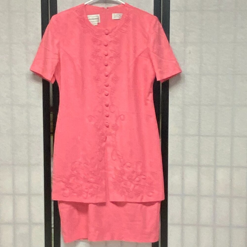 Vintage Karin Stevens Embroidered Faux Jacket Skirt Suit Dress 6 Blazer Coral